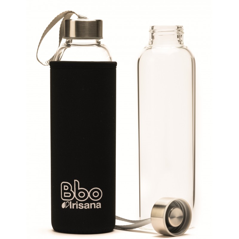 Botella de agua reutilizable de vidrio con funda silicona rosa · BBO  Irisana · 300 ml