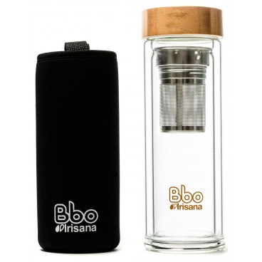 Bbo Irisana Infusore in vetro borosilicato a doppia parete con tappo in bamboo e copertura in neoprene. 400 ml.