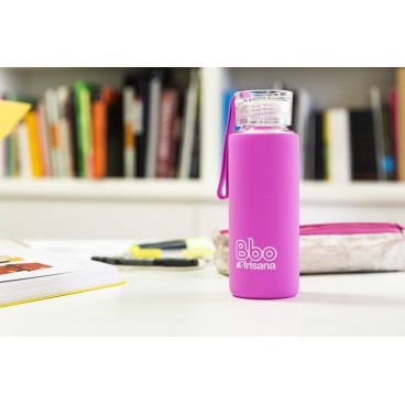 Botella Bbo Irisana de vidrio de borosilicato con funda de silicona. 330 ml.